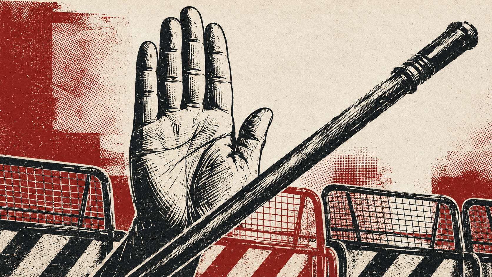 Editorial illustration of an open palm, a lathi and protest barricades