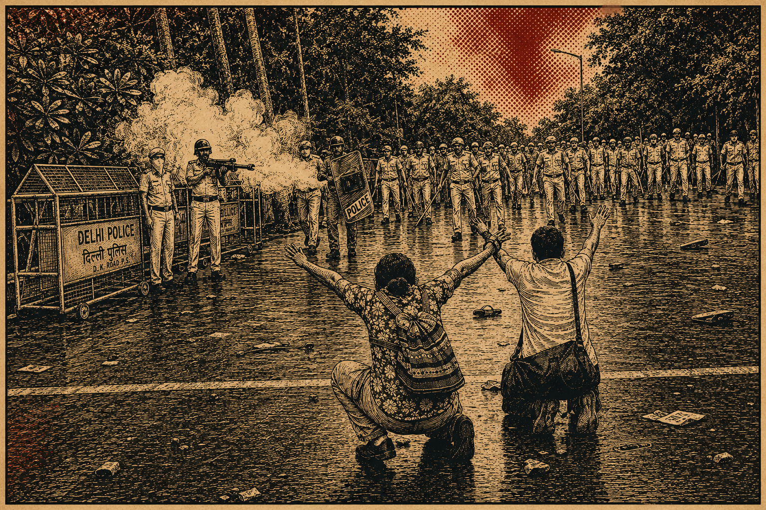 Editorial illustration of citizens facing a police line