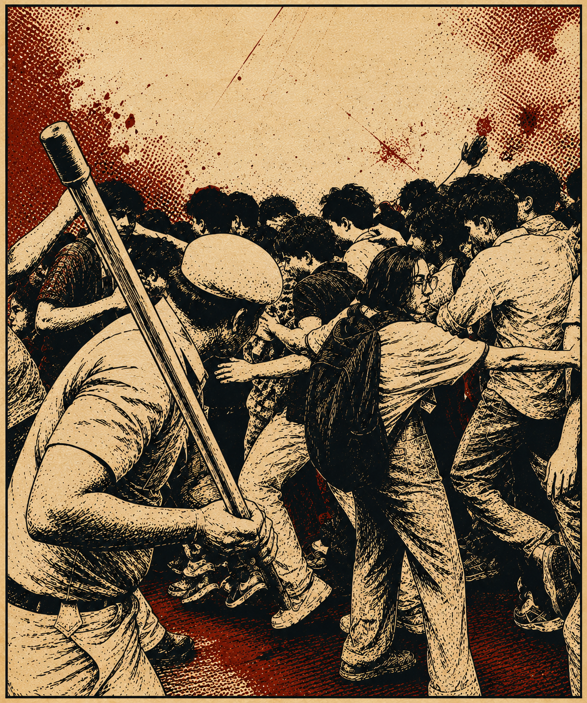 Editorial illustration of a lathi charge in a crowd