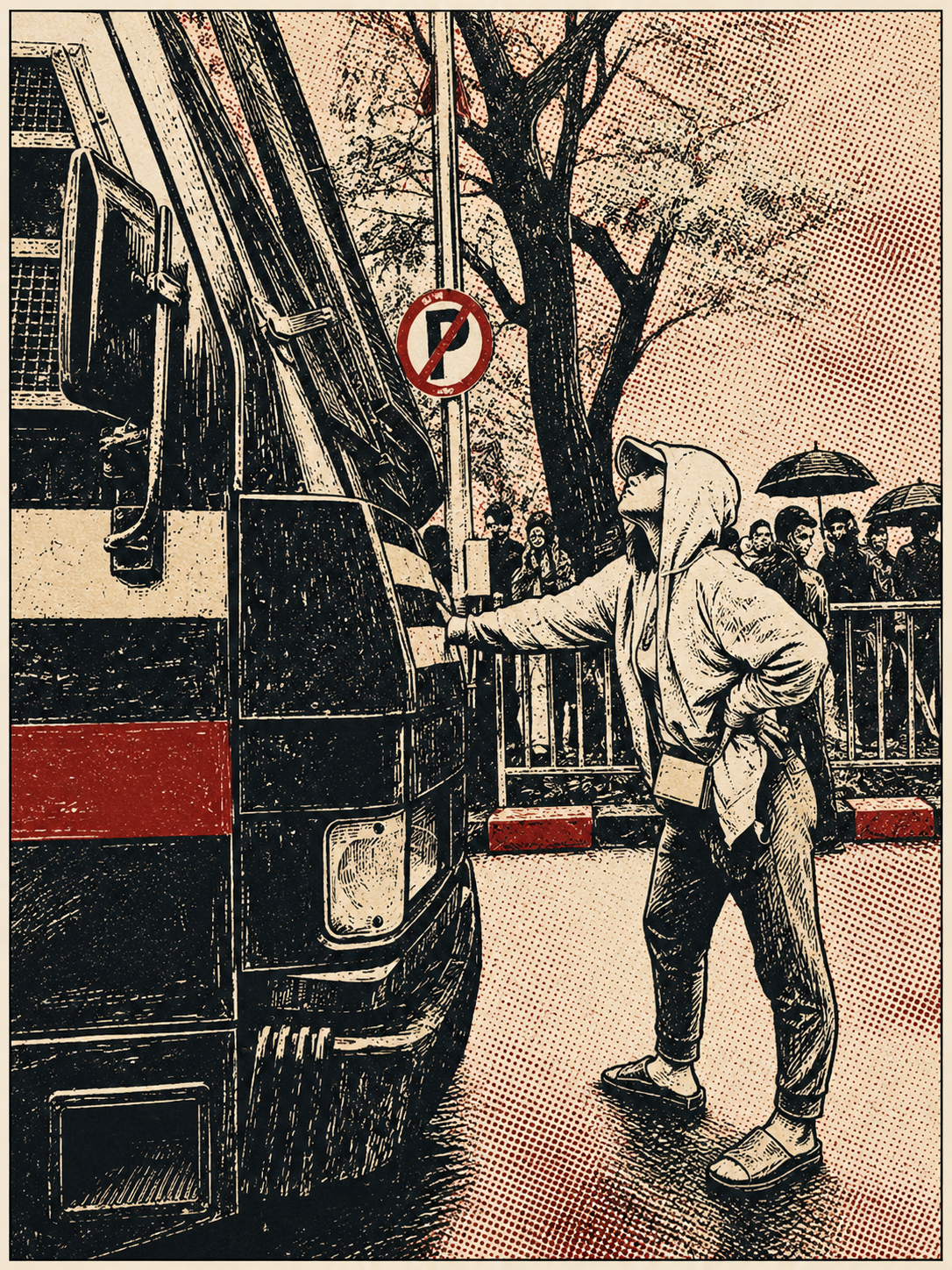 Editorial illustration of a citizen standing before a police vehicle